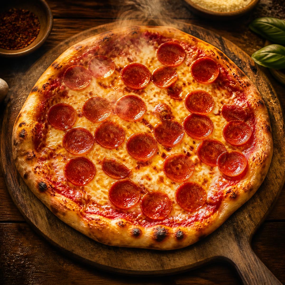 A steaming hand-tossed pepperoni pizza on a rustic wooden peel